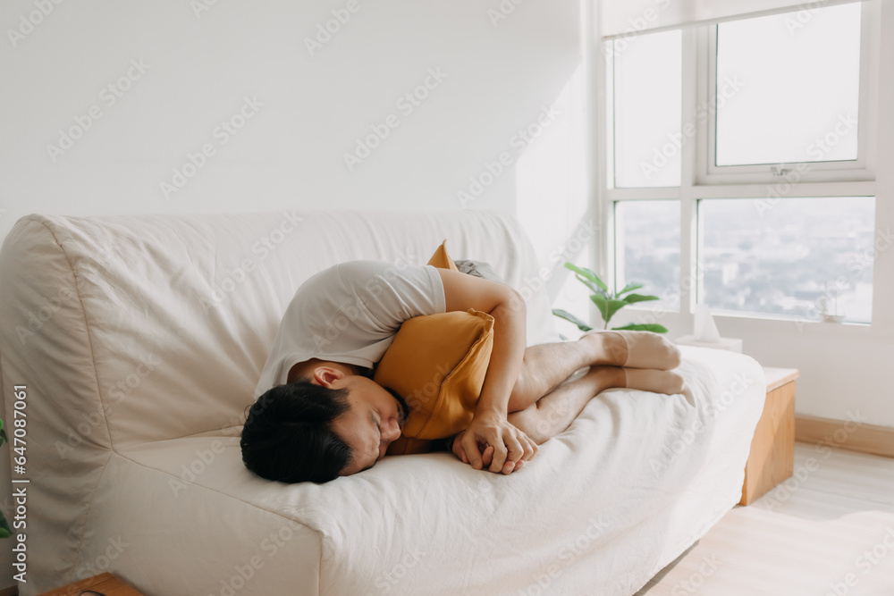 Lonely single sick man sleep and isolated in his apartment. Lonely single sick man sleep and isolated in his apartment.