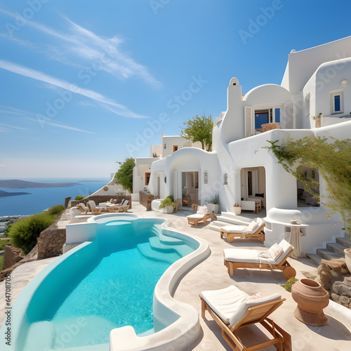  Traditional mediterranean white house with pool on hill with stunning sea view. Summer vacation background