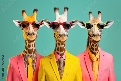 Three stylish giraffes in jackets and sunglasses