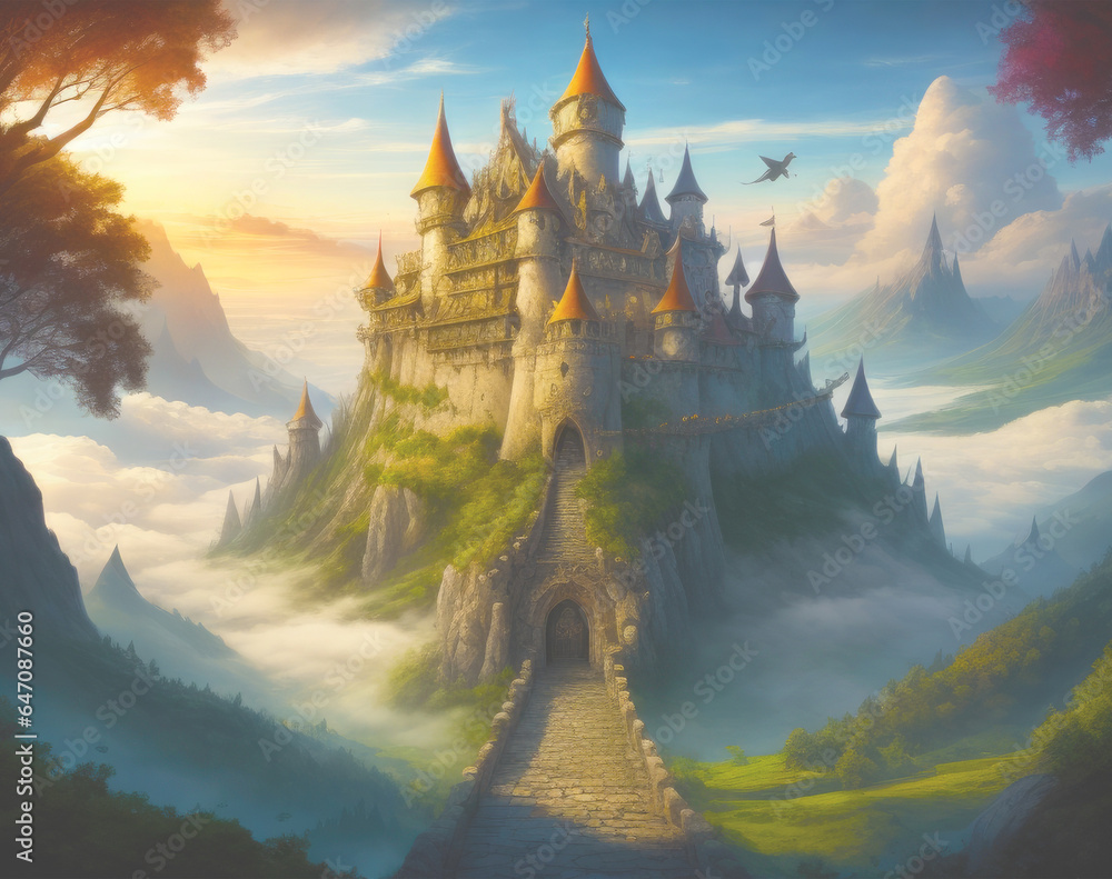 Cartoon animation with fairytale clouds concealing the cliff castle ...