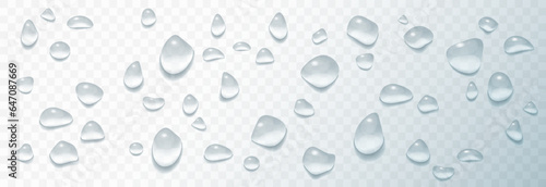 Drops of water rain on blue window surface. Abstract wet texture, dew, condensate from a shower steam or fog on a transparent background. Realistic 3D vector illustration. 