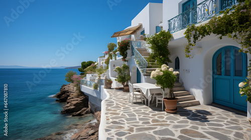  Traditional mediterranean white house. Summer vacation background
