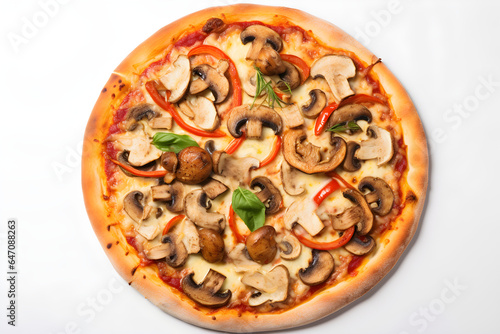 pizza with Cheese ,vegetables, bell peppers, olives, mushrooms and oregano from top view, on a white background