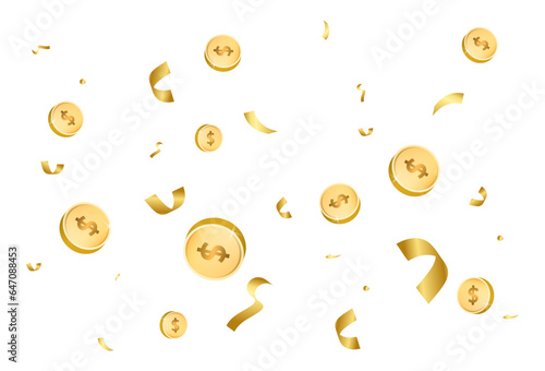 flying dollar coins and scattered ribbons. gold colour. vector