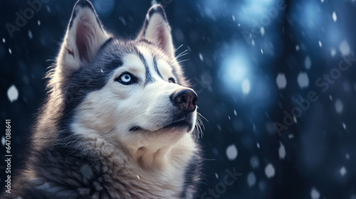 Enchanted husky pup gazes skyward, captivated by snowfall in a wintry wonderland