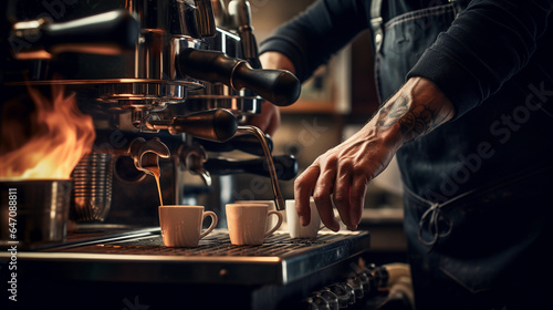 A skilled barista expertly prepares an aromatic espresso shot in a vintage coffee machine