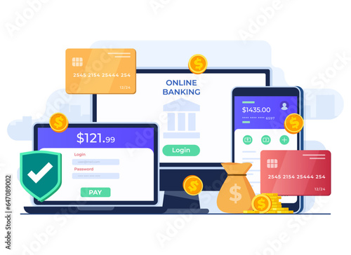 Log into online bank account with different devices, Online bank login page with username and password, Money transfer and cash withdrawal, Digital wallet, Secure access to personal account, e-banking