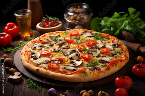 Cheese pizza with vegetables, bell peppers, olives, mushrooms and oregano