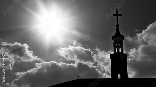 black and white image of a Cross and a cloudy sky with the bright sun the concept of religion