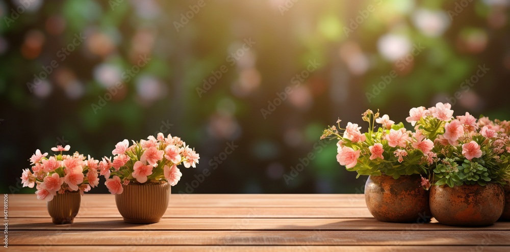 Colorful arrangement of potted flowers on a rustic wooden table