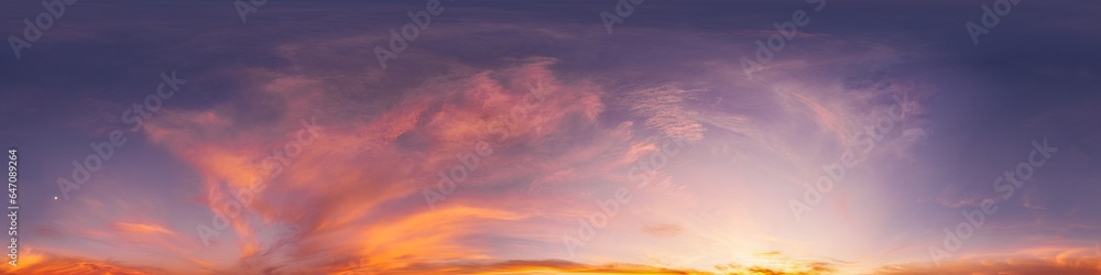 Sunset sky panorama with bright glowing pink Cirrus clouds. HDR 360 seamless spherical panorama. Full zenith or sky dome for 3D visualization, sky replacement for aerial drone panoramas. Sunset sky panorama with bright glowing pink Cirrus clouds. HDR 360 seamless spherical panorama. Full zenith or sky dome for 3D visualization, sky replacement for aerial drone panoramas.