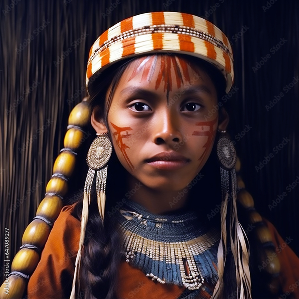 retrato de mujer Yanomami mirando al frente con pañuelo en la cabeza y cara pintada, grandes pendientes y un collar típico de su tribu - obrazy, fototapety, plakaty 