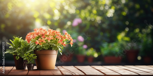 Colorful arrangement of potted flowers on a rustic wooden table