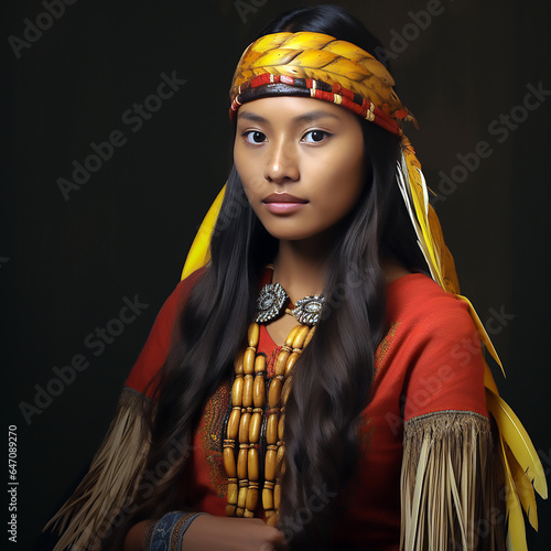Retrato de mujer tribal morena de la tribu yanomami de ecuador con pelo largo y cinta en el pelo amarilla y roja.  photo