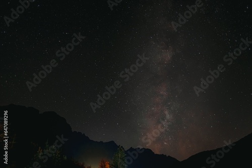 Night landscape with colorful Milky Way at mountain.