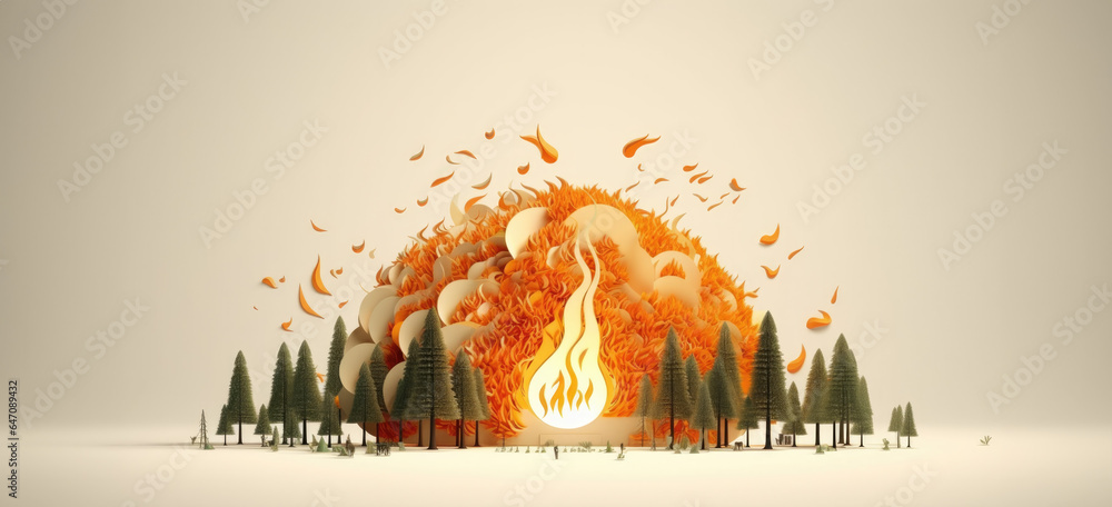 Illustration of a blazing fire engulfing a forest landscape, fireball ...