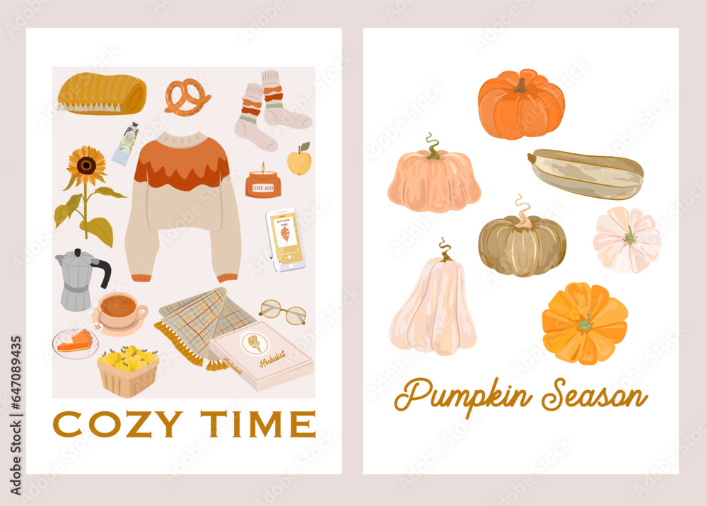 Autumn posters collection of cozy elements, fall plants, autumn leaves. Cozy time cards. Editable vector illustration.