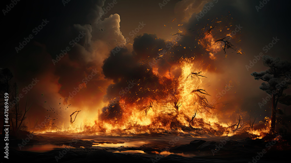  raging fire engulfing a field, posing a dangerous threat to the surrounding forest, burn wood, dark smoke, let's protect nature from global warming and fires, AI 