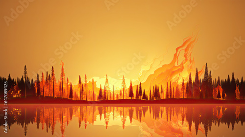 illustration of a forest in fire, reflection of the flames and smoke in a lake, tree silhouette, minimalist vector banner, global warning banner, orange and red background, AI