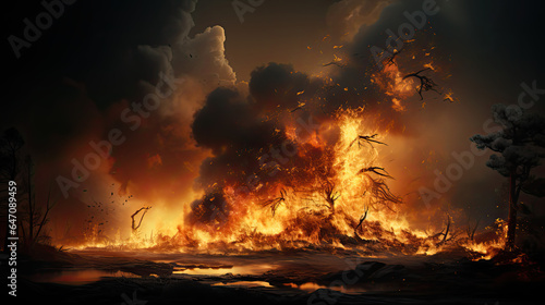 Photo raging fire engulfing a field, posing a dangerous threat to the surrounding for