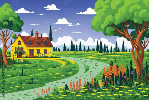 A beautiful village nature scene Landscape design background template