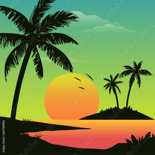 beautiful beach palm tree sunset sea view vector