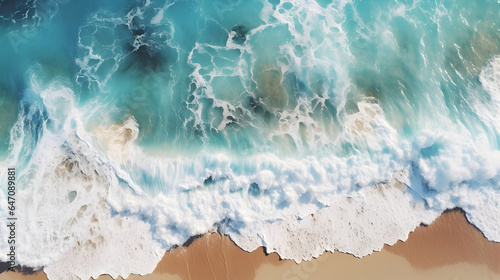Drone view of ocean breaks on shore.