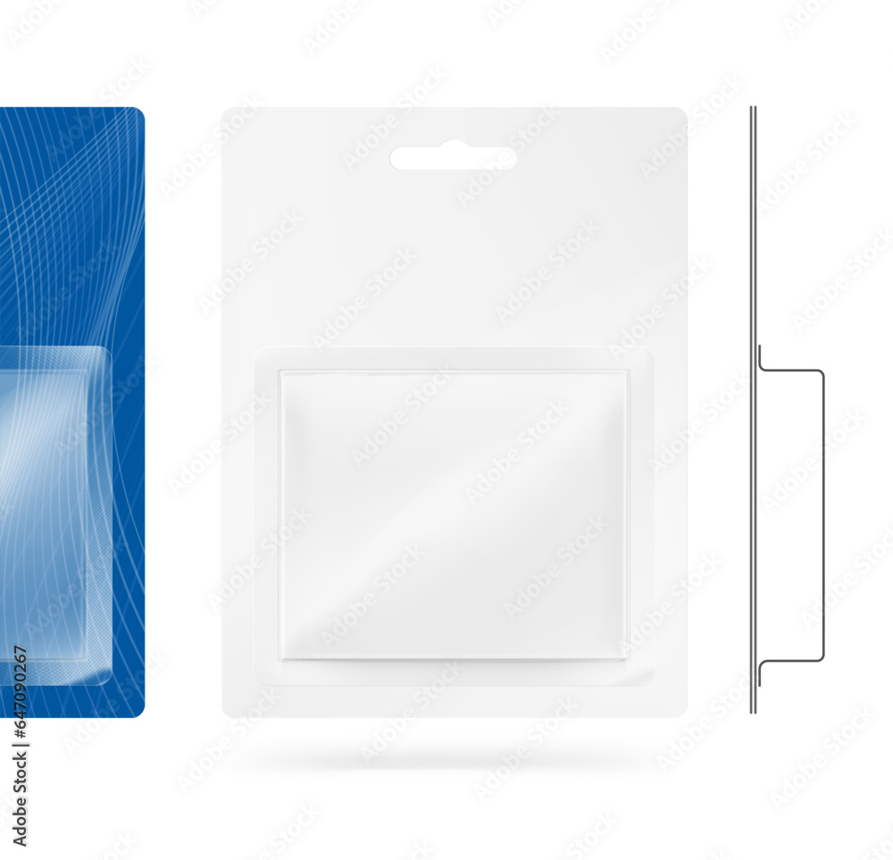 Blister package mockup. Front view. Vector illustration. Perfect for pack shot product. Easy to customise for your product. EPS10.	 - obrazy, fototapety, plakaty 