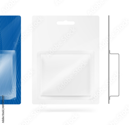 Blister package mockup. Front view. Vector illustration. Perfect for pack shot product. Easy to customise for your product. EPS10.	