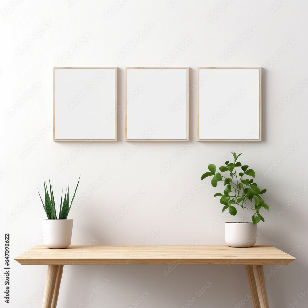 Picture frame mockup on white background decorated with table and plant. Picture frame mockup on white background decorated with table and plant.