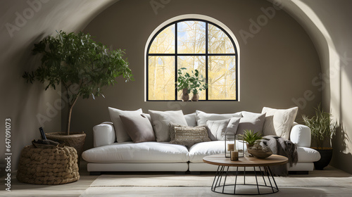  White corner fabric sofa against arched window near grunge aged stucco wall. Interior design of modern living room 