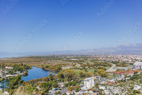 Landscape view from above of Shkoder city in Albania.
