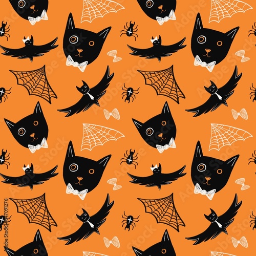 Seamless Halloween patch pattern , black cat and spider web on orange background, Halloween holiday, Halloween backgrounds 