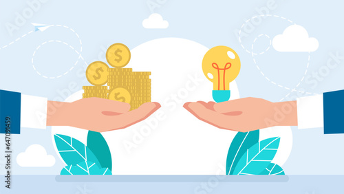 Hand holds money and light bulb. Businessman hands with yellow shining bulb and money. Buy idea, investing in innovation. Ideas exchange, buy. Financial success, investment. Vector illustration
