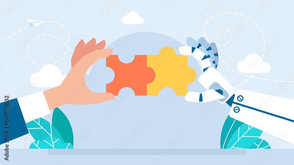 Man and AI robot hand connects puzzle together. Robot and Businessman ...