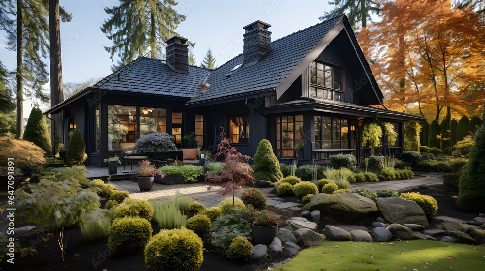 White family house with black pitched roof tiles, and beautiful front yard with green lawn - obrazy, fototapety, plakaty 