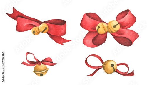 Christmas decorations - red ribbons and bells. Watercolor illustration.