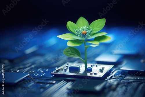  biological plant grows on electronic computer board, in the style of computer art, environmental awareness. 