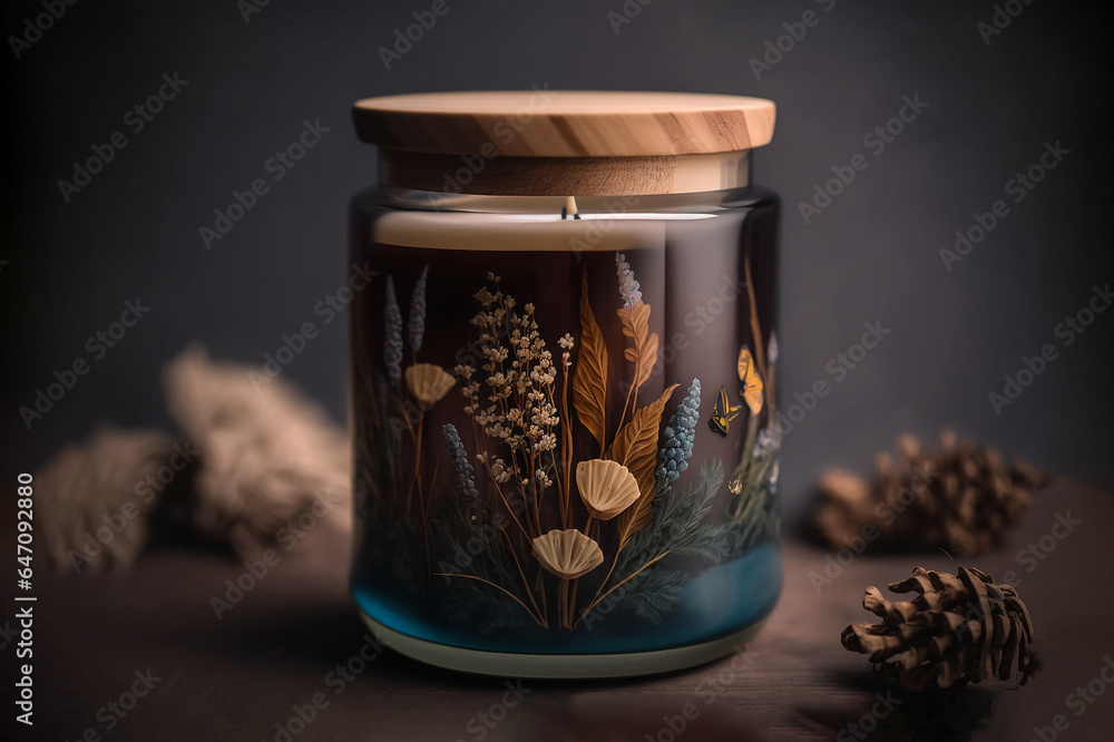 Handmade scented candles in a glass with a wooden lid Handmade scented candles in a glass with a wooden lid