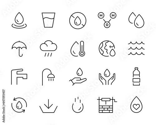 Water icon set Filter, Moister, Water Tap. water , natural, pool, mineral water, ocean line icons set, editable stroke isolated on white, linear vector outline illustration, symbol logo design style