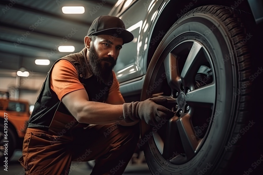 Mechanic holding tire with copy space for text repair service center