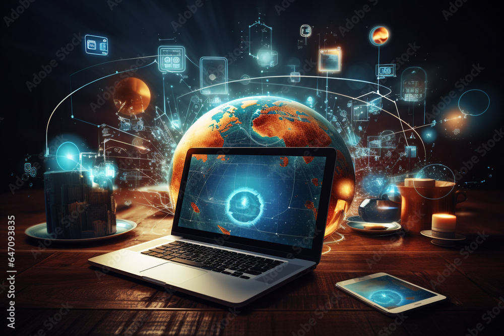 technology devices and icons connected to digital planet earth technology devices and icons connected to digital planet earth