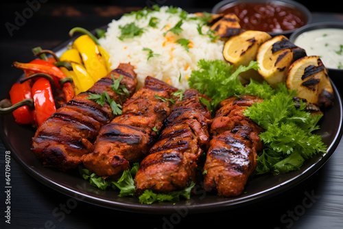 Arabic Turkish mixed grill meal, grilled chicken breast with thigh and breast, grilled kebab, shish tawook