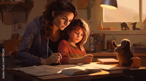 Mom helps the child to do homework