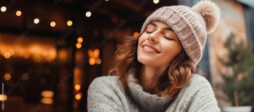 Beautiful young woman portrait smiling outdoors. Cold autumn winter season. Happiness, calm, wellness. Beautiful young woman portrait smiling outdoors. Cold autumn winter season. Happiness, calm, wellness.