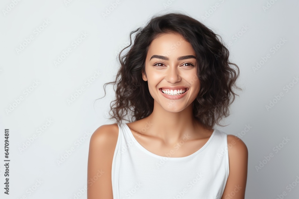 Closeup photo portrait of a beautiful young latin hispanic model woman smiling with clean teeth. Used for a dental ad. Isolated on light background. Closeup photo portrait of a beautiful young latin hispanic model woman smiling with clean teeth. Used for a dental ad. Isolated on light background.