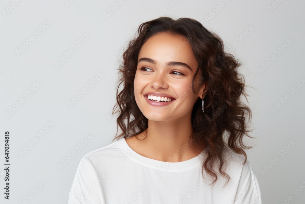 Closeup photo portrait of a beautiful young latin hispanic model woman smiling with clean teeth. Used for a dental ad. Isolated on light background. Closeup photo portrait of a beautiful young latin hispanic model woman smiling with clean teeth. Used for a dental ad. Isolated on light background.