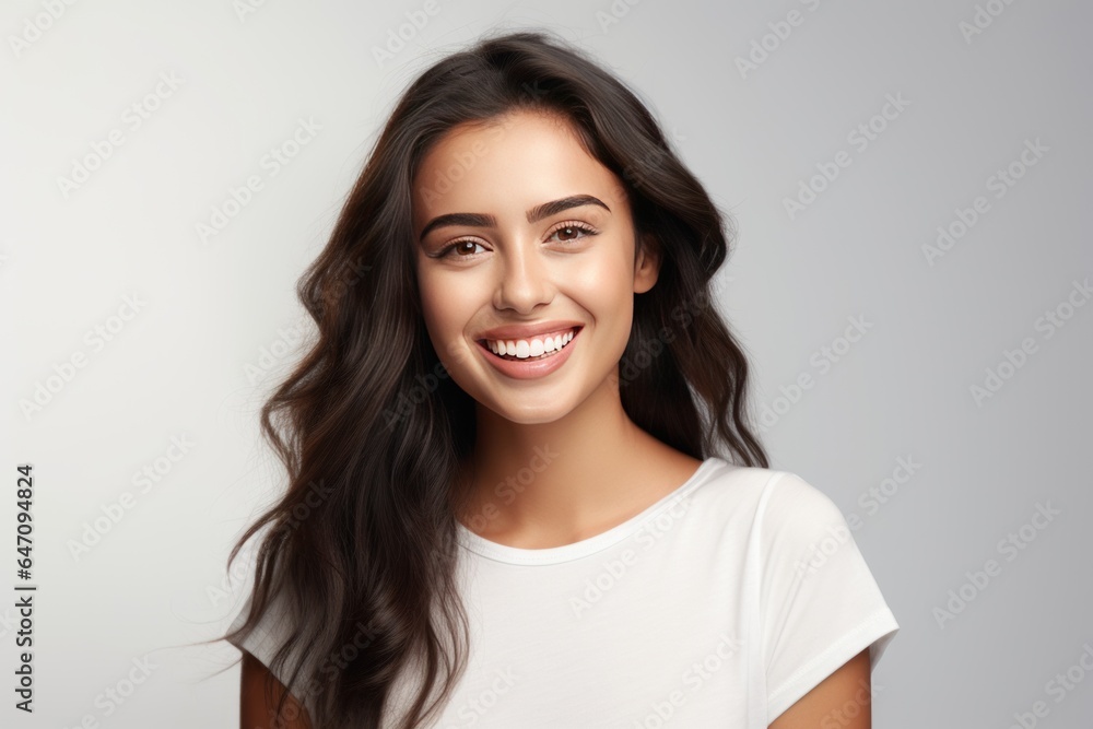 Closeup photo portrait of a beautiful young latin hispanic model woman smiling with clean teeth. Used for a dental ad. Isolated on light background. Closeup photo portrait of a beautiful young latin hispanic model woman smiling with clean teeth. Used for a dental ad. Isolated on light background.
