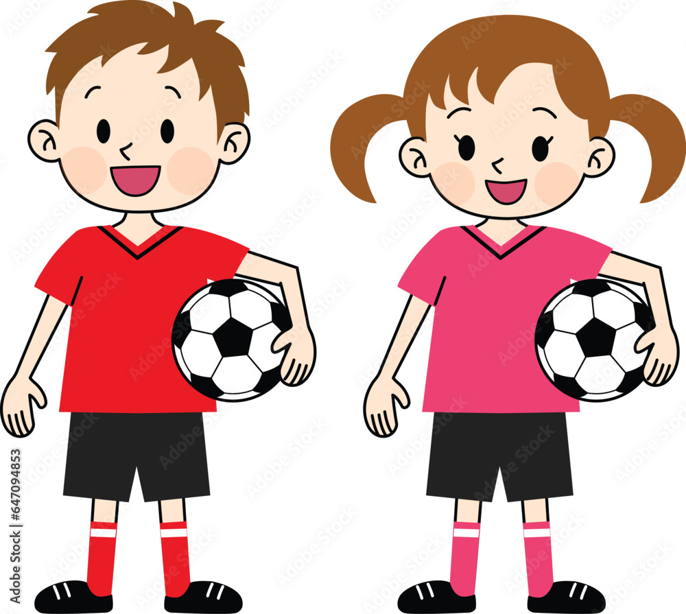 Children with soccer ball wearing red and pink jersey Children with soccer ball wearing red and pink jersey