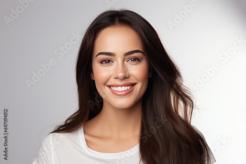 Closeup photo portrait of a beautiful young latin hispanic model woman smiling with clean teeth. Used for a dental ad. Isolated on light background. photo